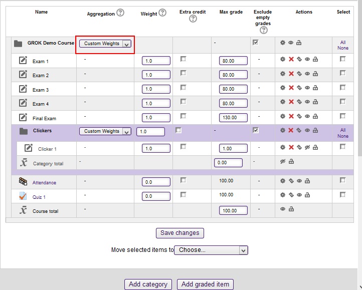 screenshot of weights for categories and items