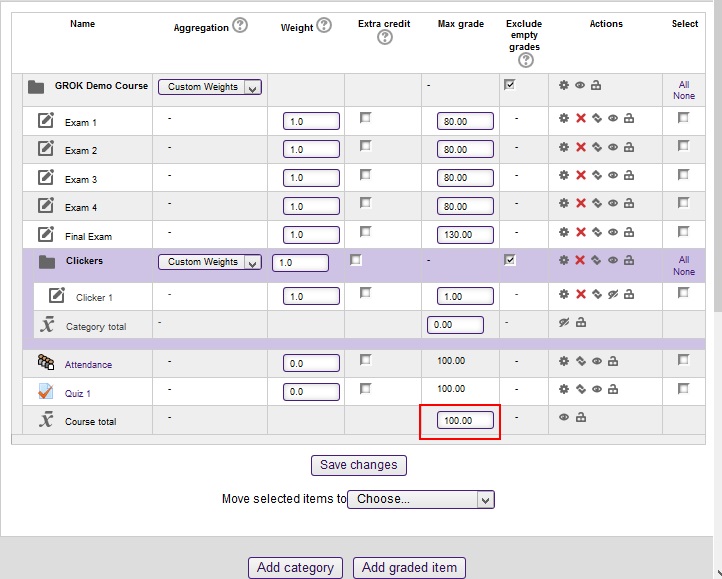 screenshot of weights for categories and items with 100 total highlighted