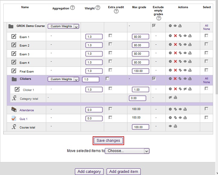 screenshot of weights for categories and items with save changes button highlighted