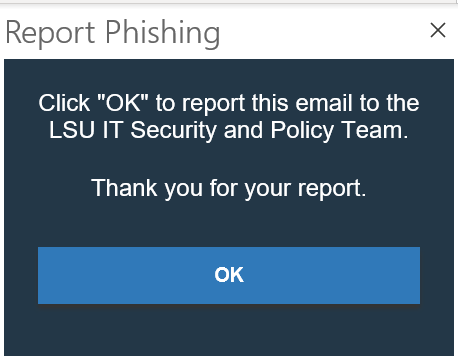 OK button in the Report phishing pop up