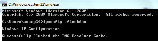 the command prompt window with I P config slash flush dns typed in.