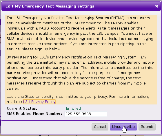 Unsubscribing Window for My Emergency Text Messaging Settings