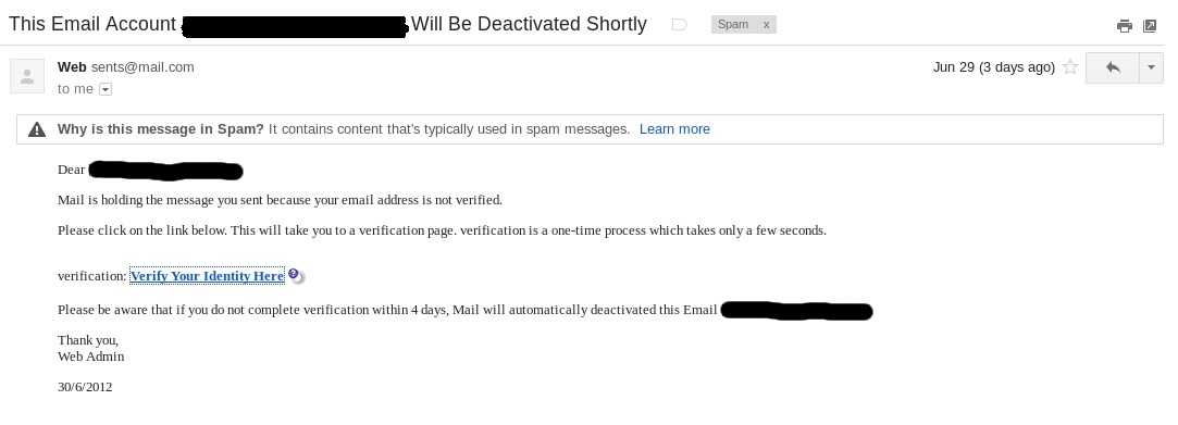 an Example of an Email account deactivation scam