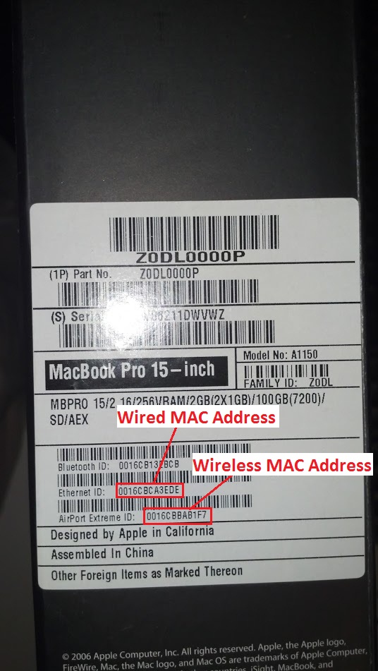 a third example of a laptop with Wireless MAC Address and Wired MAC Address pointed out.