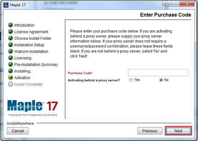 purchase code entry field with next highlighted