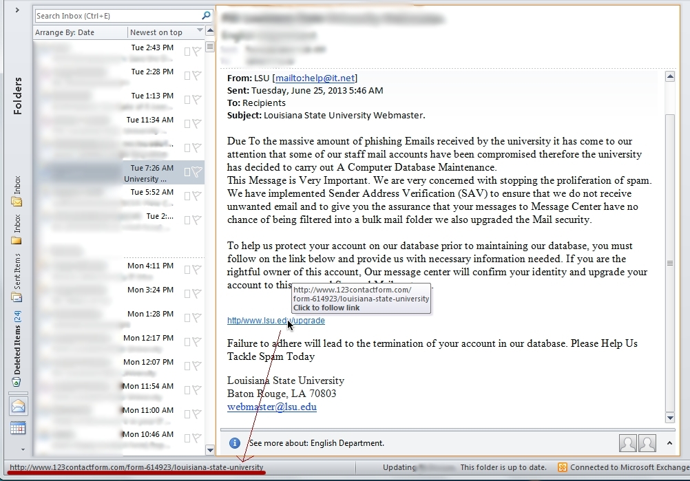 Checking links in Outlook 2010 with a spam message shown