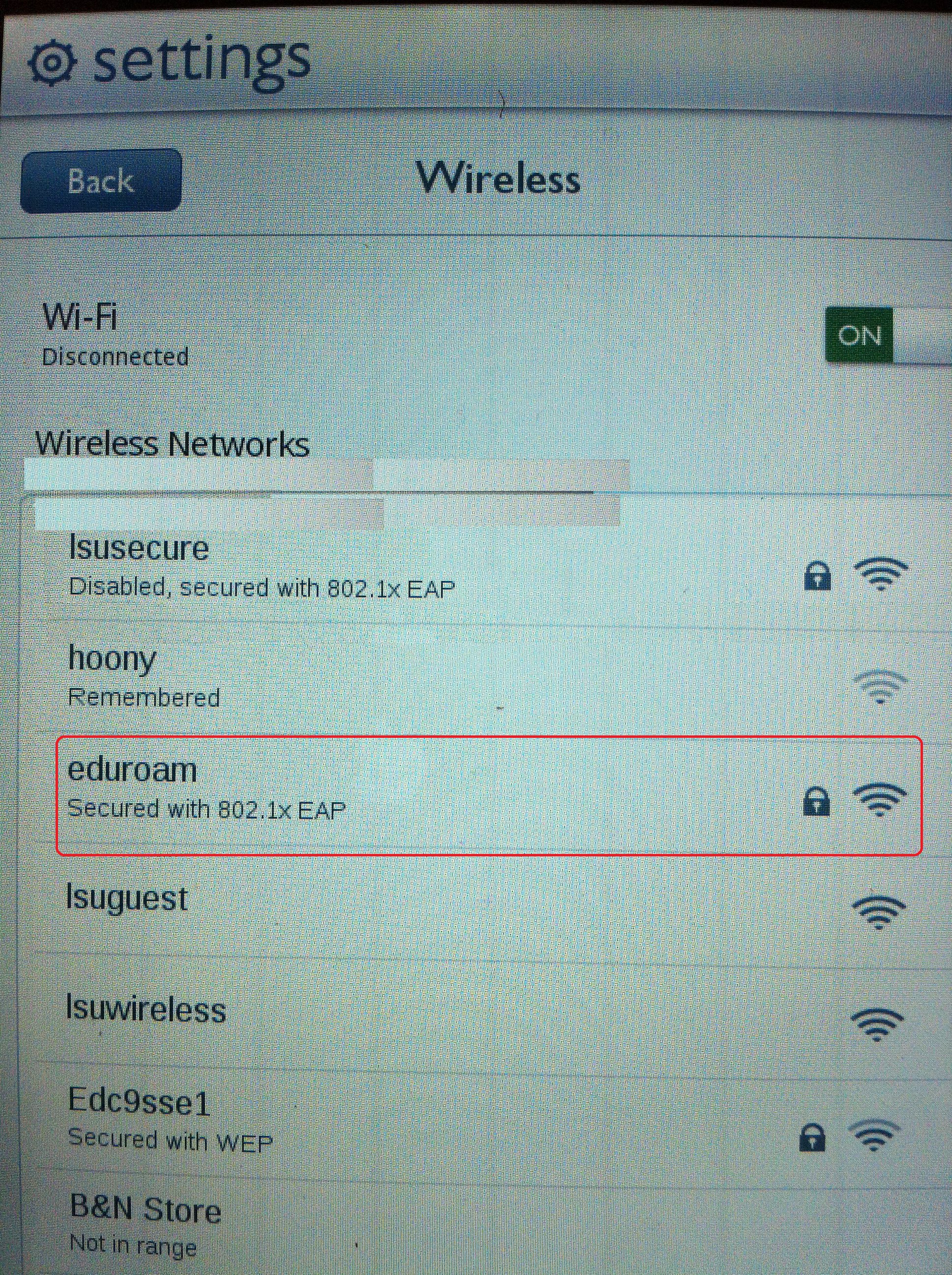 Nook Tablet Wireless Settings with eduroam selected