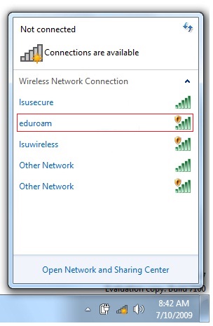 eduroam on the list of available network options