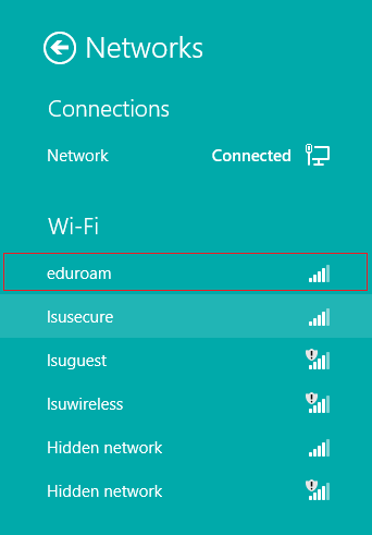 lsusecure location windows 8 with eduroam highlighted at the top of the list.