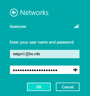 lsusecure Windows 8 login with information inputted in order to enter lsusecure.
