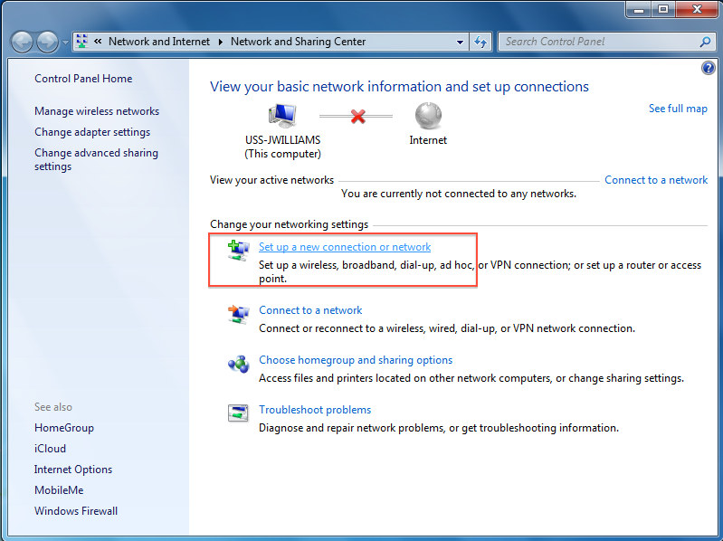 Set up a new connection or network option in center of window