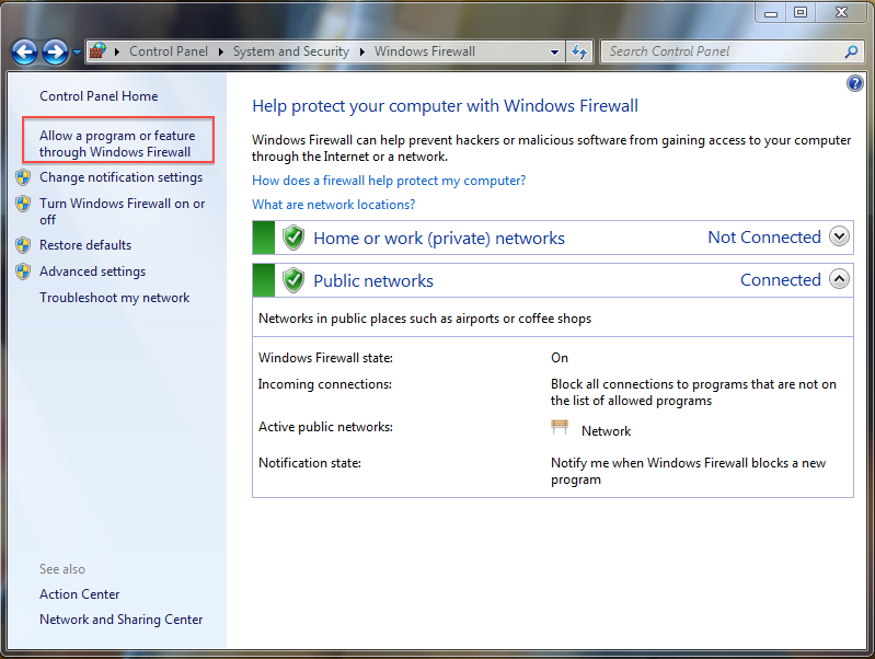 Allowing a program or feature through Windows Firewall