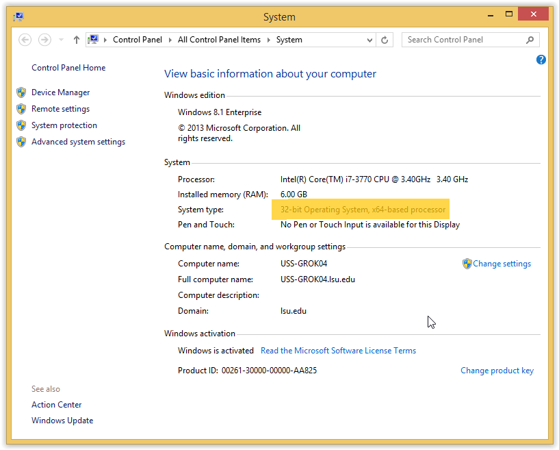 Windows 8(.1) System Information for 32-bit CPU highlighted in the middle of the screen