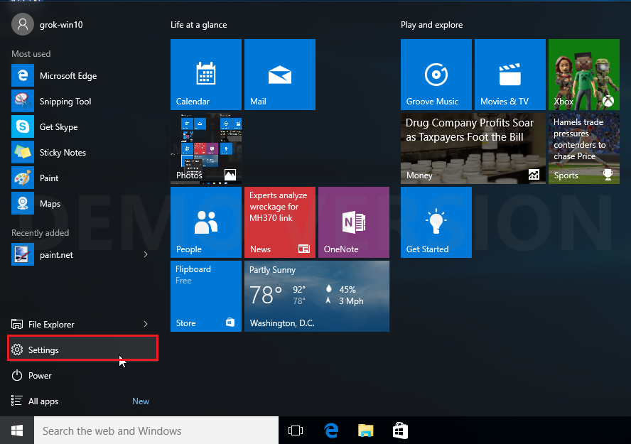 start menu in windows 10 with settings highlighted.