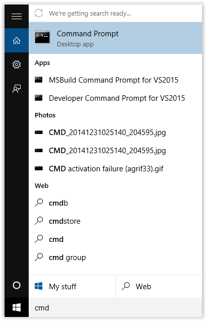 Command Prompt highlighted in the Windows Menu at the left side of the screen.