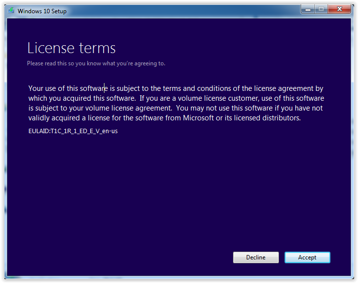 the license terms screen