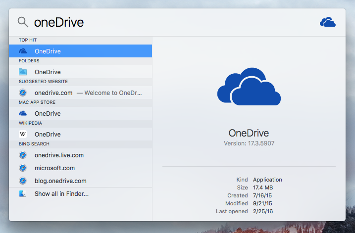 OneDrive typed into Spotlight.