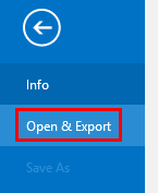 the open and export button in outlook 2016
