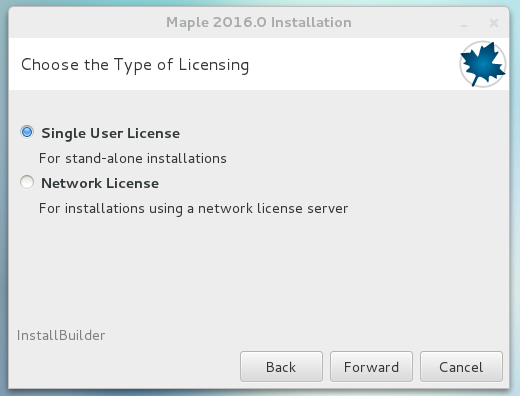 Maple 2016 License Type window.