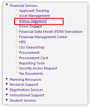 billing statement option on the financial services drop-down menu
