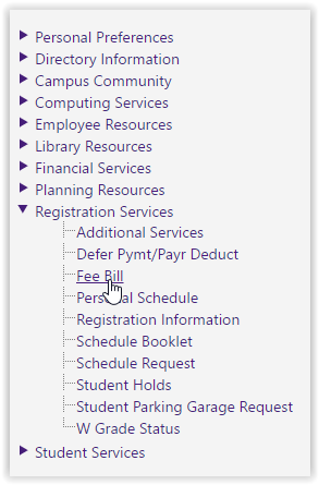 Fee Bill link in the middle of the Registration Services dropdown menu