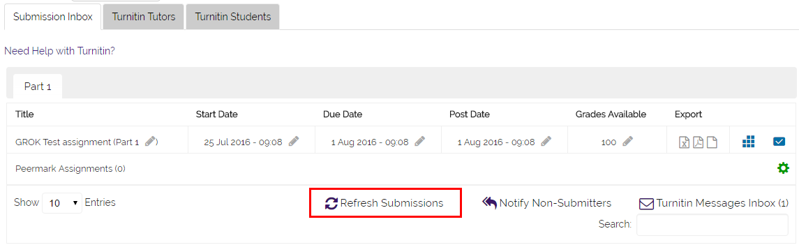turnitin refresh button above the submissions list