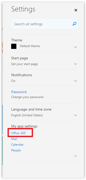 "Office365" button in the settings menu is highlighted