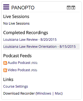 Panopto block with list of completed recordings