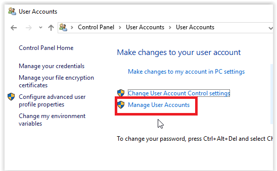 the manage user accounts button.