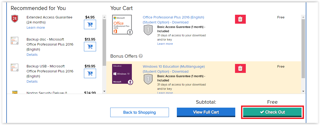 Office Home & business 2016 cart page check out button highlighted at bottom right screen