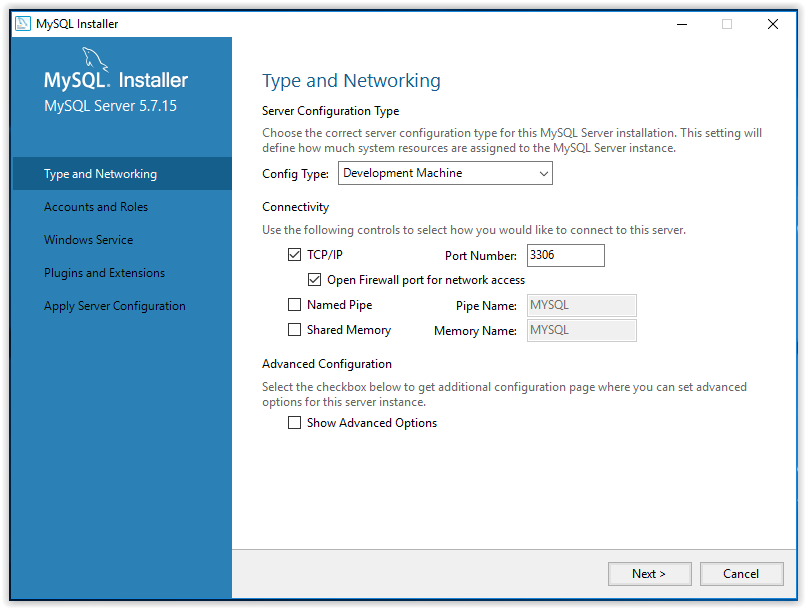 mySQL server configuration type