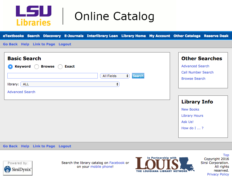LSU Libraries Catalog webpage