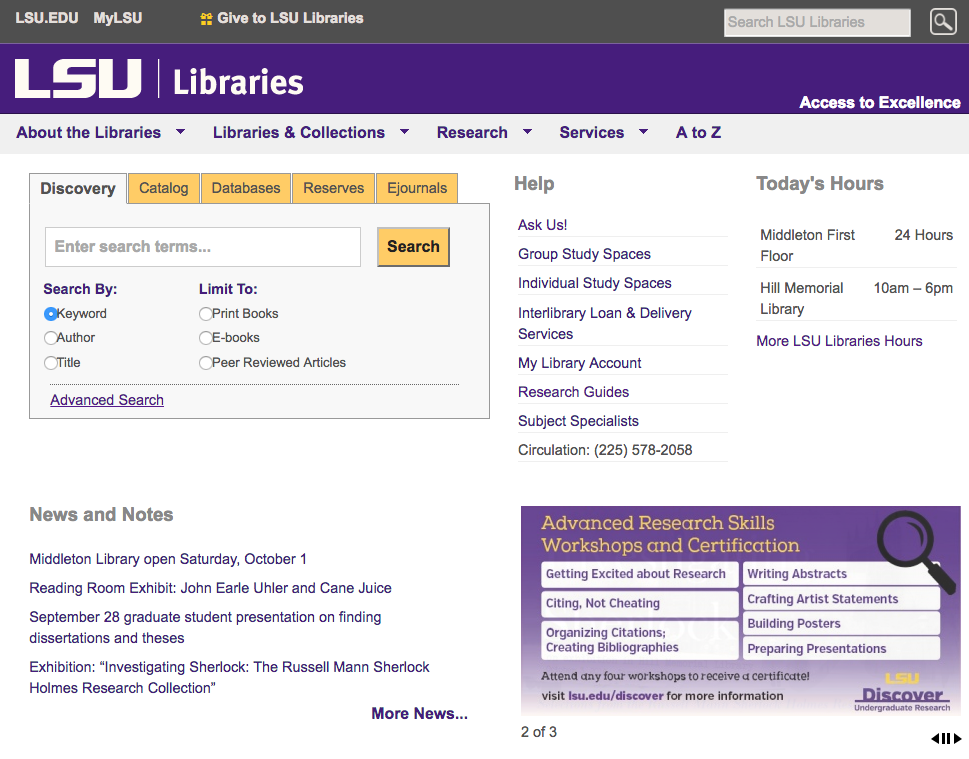 myLSU Libraries Home Page webpage