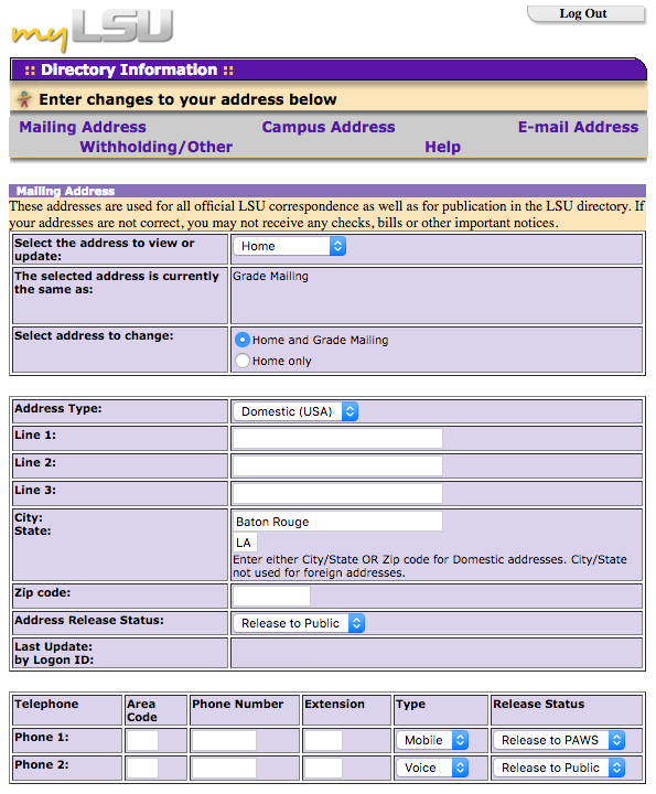 myLSU Directory Information page