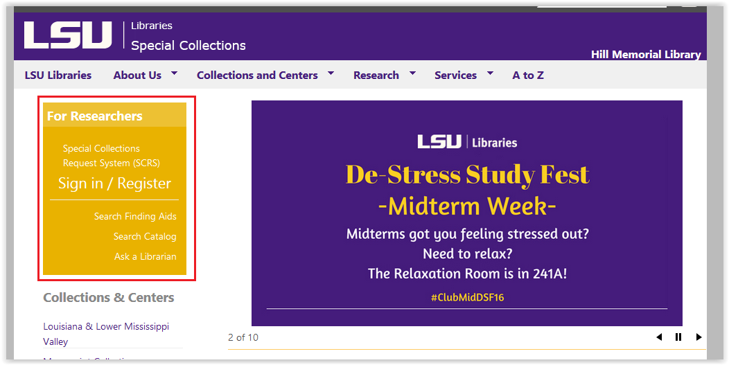 LSU Libraries Special Collections webpage