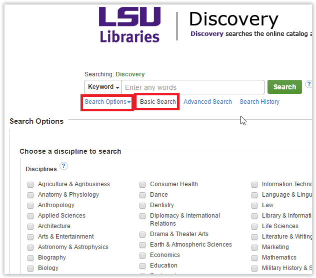 the lsu discovery window with search options drop down menu and the basic search option highlighted