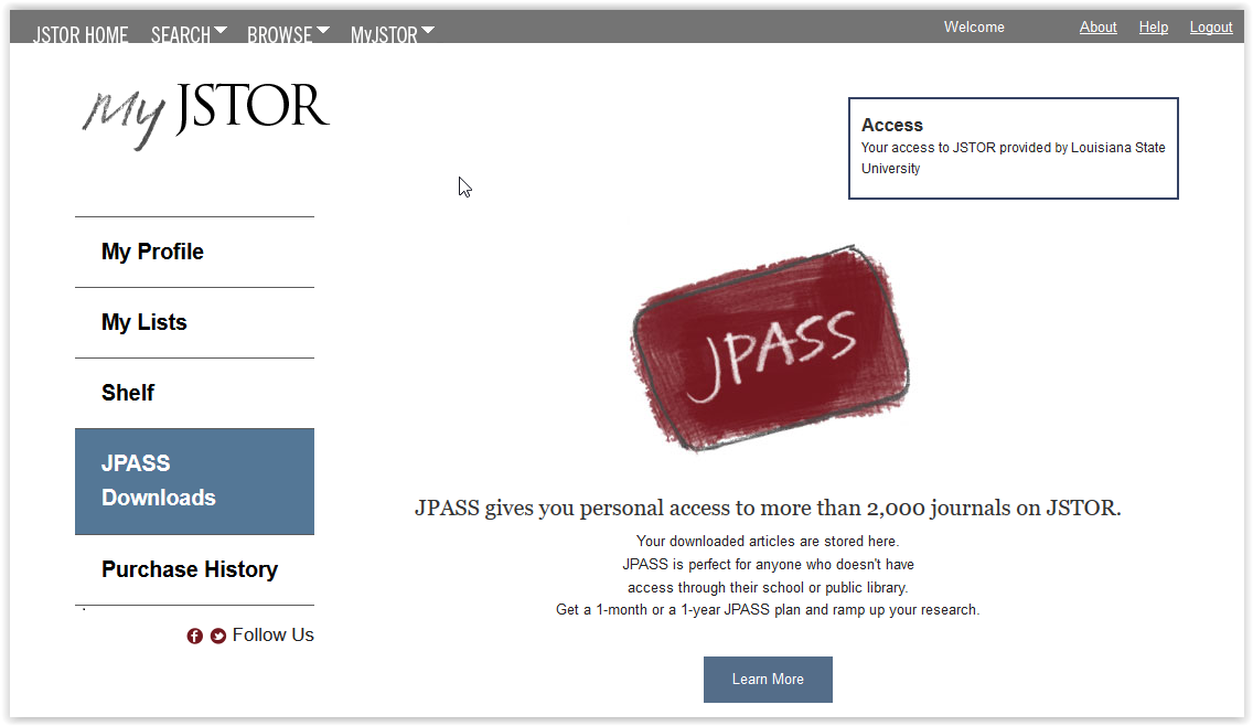 My JSTOR page to view JPASS Downloads