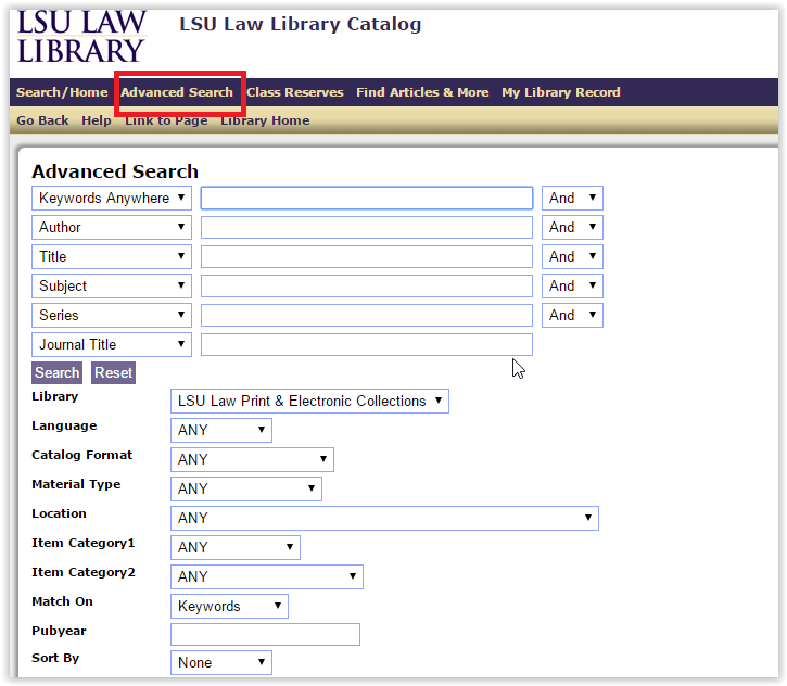 the advanced search window with the advanced search option highlighted