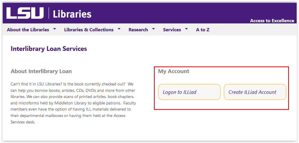 Interlibrary Loan Services homepage with Account options