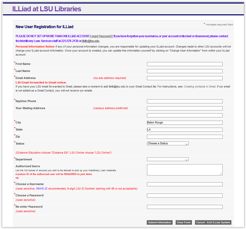 registration page for a new user account on ILLiad