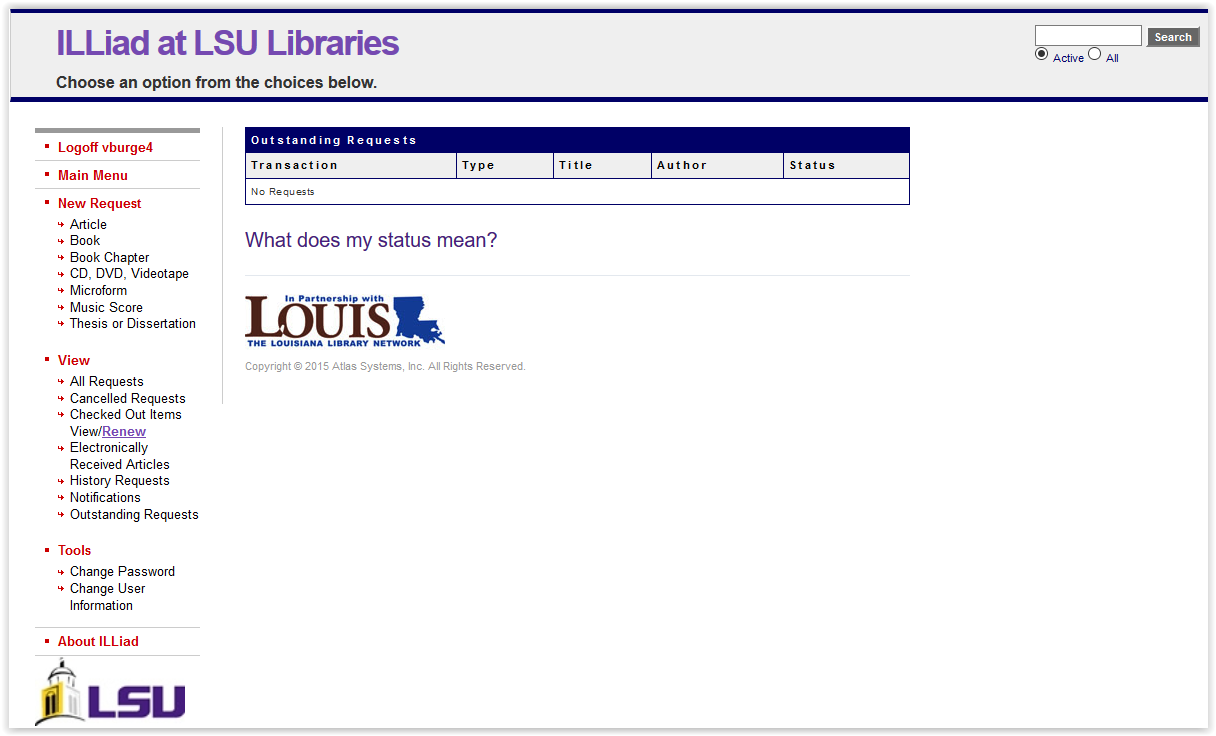 main menu screen for ILLiad users