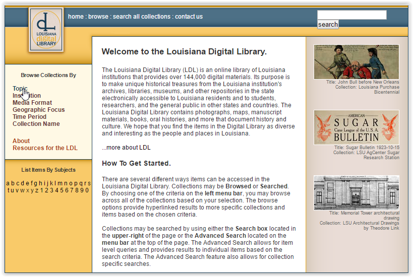 Topic highlighted at the left hand side of the Louisiana Digital Library site.