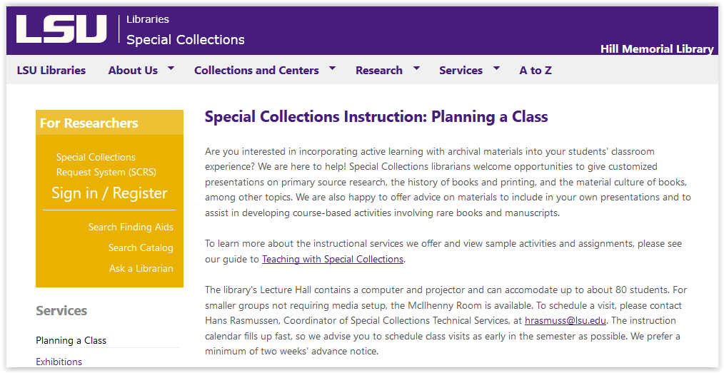 LSU libraries special collections planning a class instructions