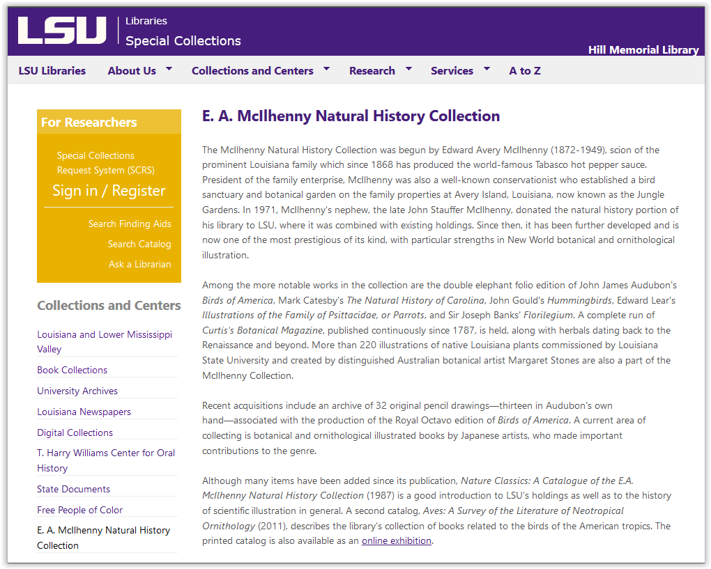 E. A. McIlhenny Natural History Collection homepage