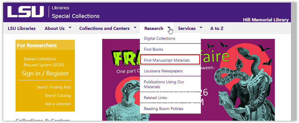 LSU libraries special collections research/find manuscript materials button