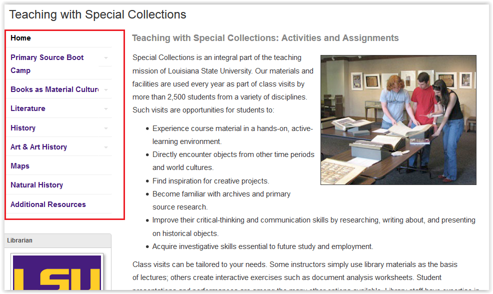 Home options for planning a course with special collections