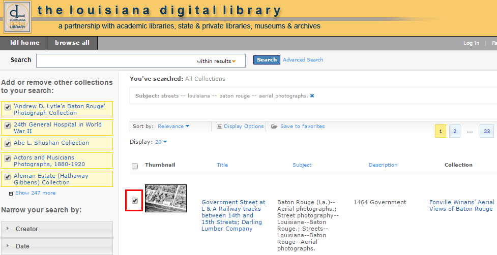 The checkbox highlighted next to an item in the LOUIS Library search results