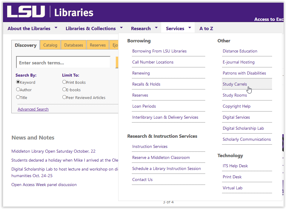 LSU Libraries services/study carrels button