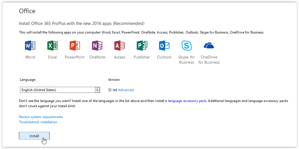 install office365 apps button on the software page