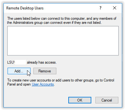 add button under remote desktop users tab
